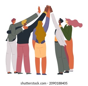 Cheerful people, colleagues employers or students giving high five and celebrating. Cooperation and support, achievement of common goals, and bonding. Connection of team and teamwork. Vector in flat 