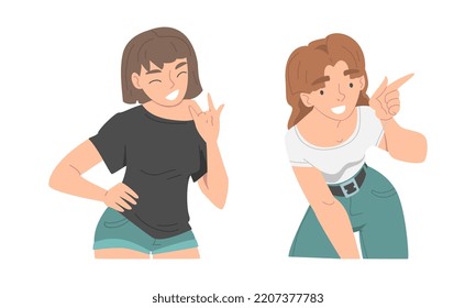 Cheerful people communicating with hand gestures set. Girls showing rock and roll and pointing with index finger cartoon vector illustration