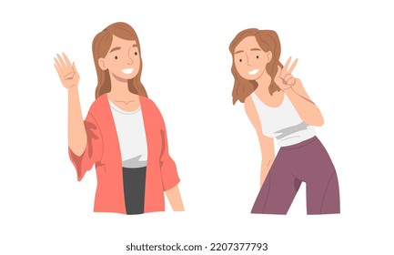 Cheerful people communicating with hand gestures set. Girls waving her hand in greeting and showing peace sign cartoon vector illustration