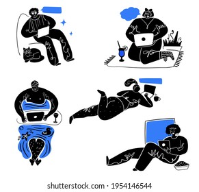 Cheerful People With Computer.flat Office Workspace.African American Working At Home.workforce Process.Coworking Space.Indian Black Silhouette.Middle Age Woman Sitting With Laptop.Freelance Onlin.