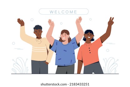 Cheerful People Concept. Employees Welcome Newcomer To Company Or Organization. Poster Or Banner For Website. Men And Women Waving Their Hands, Greeting Persons. Cartoon Flat Vector Illustration