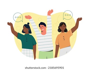 Cheerful People Concept. Men And Women Welcome Newcomer To Workplace, Greeting Employees. Good Atmosphere In Team, Positive And Optimistic. Happy, Smiling Friends. Cartoon Flat Vector Illustration