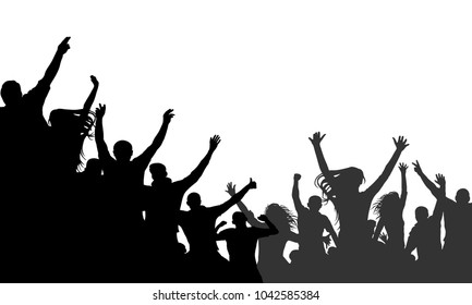 Cheerful people crowd applauding, silhouette vector. Party, applause. Fans dance concert, disco