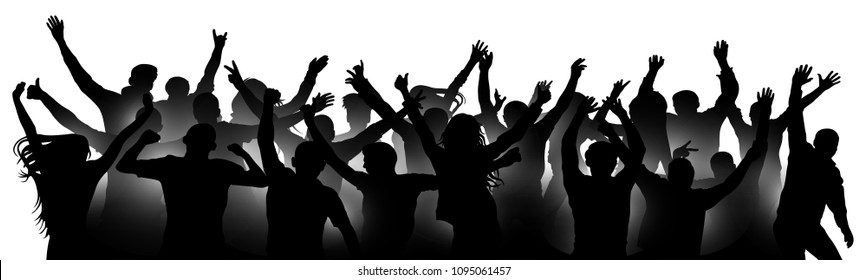 Cheerful people crowd applauding, silhouette. Party, applause. Fans dance concert, disco, concert, festival. Crowd of people dancing, hands up. Isolated vector