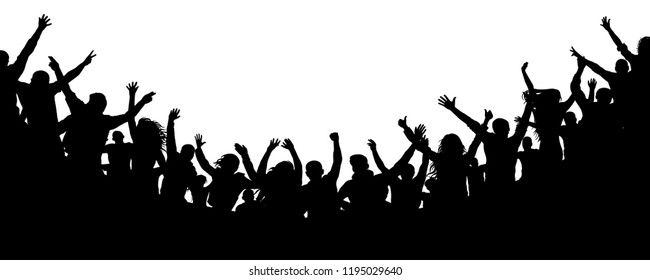 Cheerful people crowd applauding, silhouette vector. Cheers party, applause. Fans dance concert, disco. Audience applause hand up