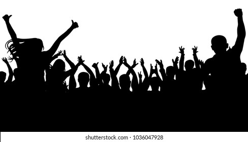 Cheerful people crowd, silhouette. Party, applause. Fans dance concert, disco