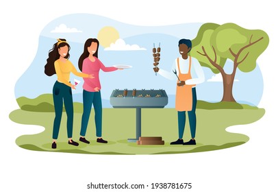 Cheerful people during sunny summer camping vacation cooking delicious meal bbq. Flat abstract metaphor outline cartoon vector illustration concept. Simple colorful art isolated on white background.