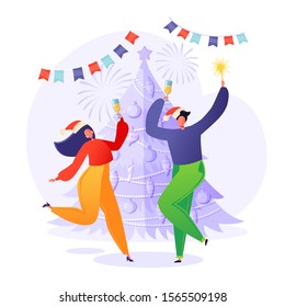 Cheerful people, friends or couple in love, wearing Santa hats dancing around decorated christmas tree with garlands. Celebrating New Year or Xmas party with champagne and sparkles. Winter holidays.