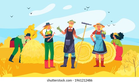 Cheerful people group character together harvest crop, modern farmer working agricultural field haymaking flat vector illustration.