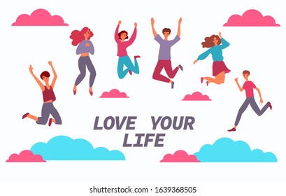 Cheerful people group jumping for joy flat cartoon vector illustration isolated.