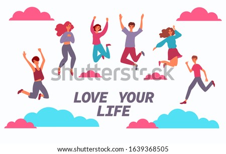 Cheerful people group jumping for joy flat cartoon vector illustration isolated.