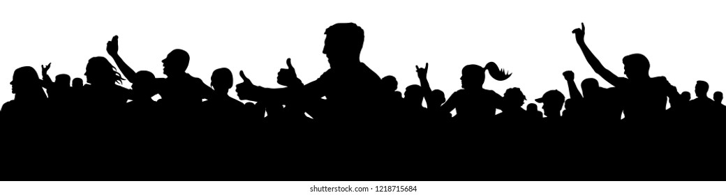 Cheerful people having fun celebrating. Side view, profile. Crowd of fun people on party, holiday. Applause people hands up. Silhouette Vector Illustration