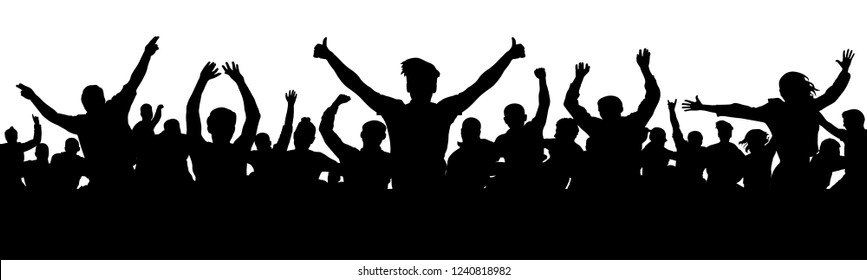 Cheerful people having fun celebrating. Thumb up, OK. Group of friends, youth. Crowd of fun people on party, holiday. Applause people hands up. Silhouette Vector Illustration