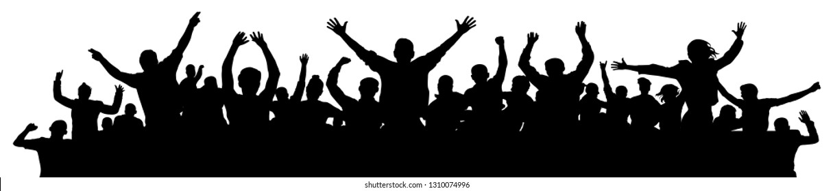 Cheerful people having fun celebrating. Crowd of fun people on party, holiday. Applause people hands up. Emotional event. Silhouette Vector Illustration, banner