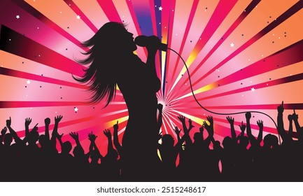 Cheerful people having fun celebrating. Crowd of fun people on party, holiday. Applause people hands up. Silhouette Vector Illustration