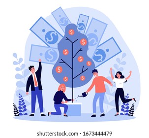 Cheerful people investing finance flat vector illustration. Cartoon characters growing money tree. Financial wealth, growth and prosperity concept.