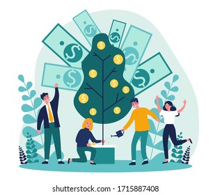 Cheerful People Investing Finance Flat Vector Illustration. Cartoon Characters Growing Money Tree. Financial Wealth, Growth And Prosperity Concept.