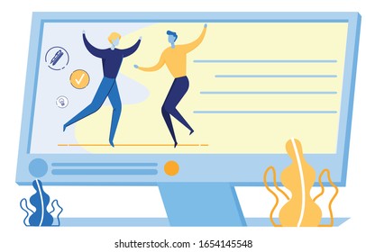 Cheerful People Jumping for Joy, Expressing Happiness and Positive Emotions on Computer Monitor. Business Success, Successful Professional Team Working, Good Deal. Flat Cartoon Vector Illustration.