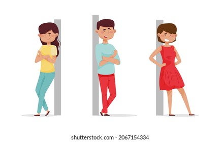 Cheerful people leaned against the wall set. Relaxed young man and woman cartoon vector illustration