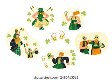 Cheerful people in leprechaun costumes in a vector set on the St. Patrick theme. Stickers for holiday decoration with the addition of the Irish flag, clover leaf and beer mugs.