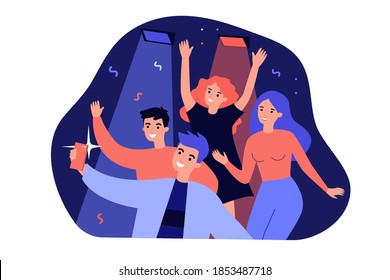 Cheerful people making selfie on smartphone during party isolated flat vector illustration. Cartoon funny fans screaming on concert in night club. Entertainment and leisure concept