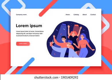 Cheerful people making selfie on smartphone during party isolated flat vector illustration. Cartoon funny fans screaming on concert in night club. Entertainment and leisure concept