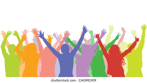 Cheerful people on party (holiday, concert, stadium and etc.). Colorful silhouette of crowd.  Vector illustration