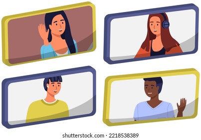 Cheerful People On Smartphone Screen, Video Call Icon. Young Man Waving Hello With Hand On Phone Display. Concept Of Online Conversation, Talk Online, Chat, Conference, Meeting, Video Communication