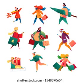 Cheerful people in outdoor winter clothing walking holding presents, shopping bags during christmas, new year sales, clearances set. Vector consumers with purchases. Adult men, women and kids happy