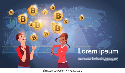 Cheerful People Over World Map Golden Bitcoin Mining Modern Crypto Currency Concept Vector Illustration