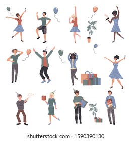 Cheerful people at party cartoon characters set. Young adults having fun flat vector illustrations pack. Joyful men and women dancing and singing. Holiday celebration, discotheque design elements