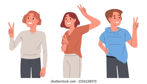 Gente alegre con signo de paz. Hombre y mujer mostrando un signo de paz, personajes sonrientes lenguaje corporal ilustración vectorial plana aislada en fondo blanco