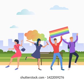 Cheerful people in pride parade. Diversity, discrimination, freedom concept. Vector illustration can be used for topics like tolerance, homophobia, social rights