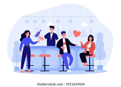 Cheerful people relaxing in bar and drinking alcohol. Glass, date, bartender flat vector illustration. Weekend and leisure concept for banner, website design or landing web page