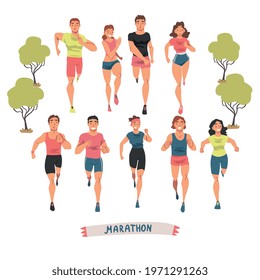 Cheerful People Running Marathon Set, Male and Female Athletes in Sports Uniform Running Outdoors Cartoon Vector Illustration