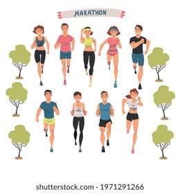 Cheerful People Running Marathon Set, Male and Female Athletes in Sports Uniform Running Outdoors Cartoon Vector Illustration