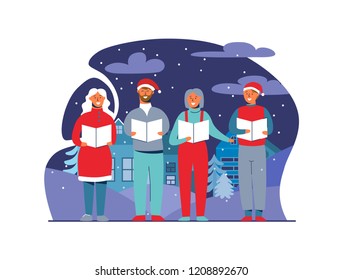 Cheerful People in Santa Hats Singing Christmas Carols. Winter Holidays Characters on Snowy Background. Xmas Singers. Vector illustration