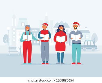 Cheerful People in Santa Hats Singing Christmas Carols. Winter Holidays Characters on Cityscape Background. Xmas Singers. Vector illustration