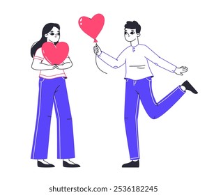 Gente alegre compartiendo corazones. El día de San Valentín comparte el amor, personajes románticos que se dan corazones el uno al otro Ilustración vectorial plana. Pareja enamorada intercambiando corazones