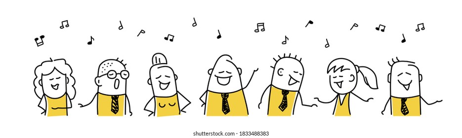 Cheerful people sing. Hand drawn vector illustration.