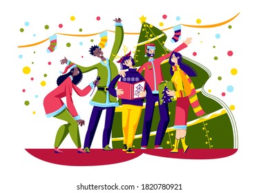 Cheerful people singing Christmas carols wearing Santa hats over decorated Christmas tree. Happy group of friends or colleagues celebrating xmas eve together. Vector illustration