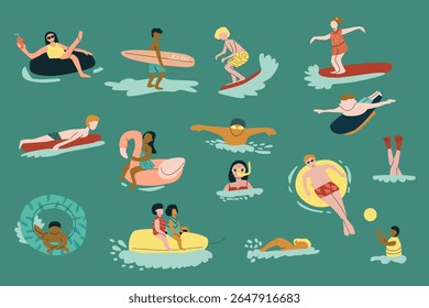 Pessoas alegres nadando, flutuando em anéis infláveis e desfrutando de esportes aquáticos na piscina ou no mar. Verão férias plana vetor ilustração desfrutando de atividades aquáticas: surf, natação, snorkeling