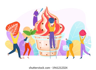 Cheerful people tiny character making delicious fruit cream dessert, teamwork preparation sundae flat vector illustration, isolated on white.