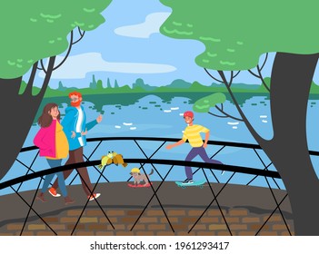 Cheerful people walking bridge across river, stroll urban garden park, outdoor relaxing romantic pond place flat vector illustration.