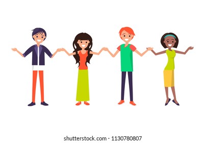 Cheerful people with wide open arms greets everyone isolated on white background. Men and women in cartoon style holding hands vector illustration