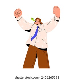 Cheerful person blowing in party whistle, rejoices. Character greeting on birthday, holiday. Happy employee celebrate business success, office festive event. Flat isolated vector illustration on white