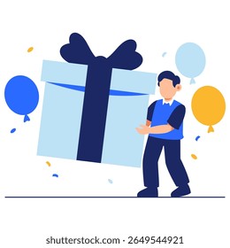 Uma pessoa alegre oferece um grande presente festivo com balões flutuantes, representando ocasiões alegres como aniversários, aniversários e celebrações sinceras.