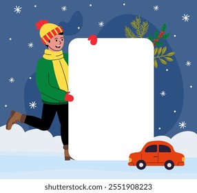 Cheerful person holding a blank sign in a snowy winter landscape with a car