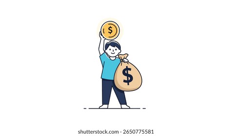 A cheerful person holding a money bag and a gold coin high above demonstrating financial success