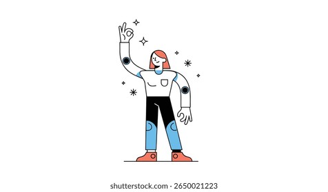 A cheerful person with prosthetic arms gesturing with their right hand and sparkles around them